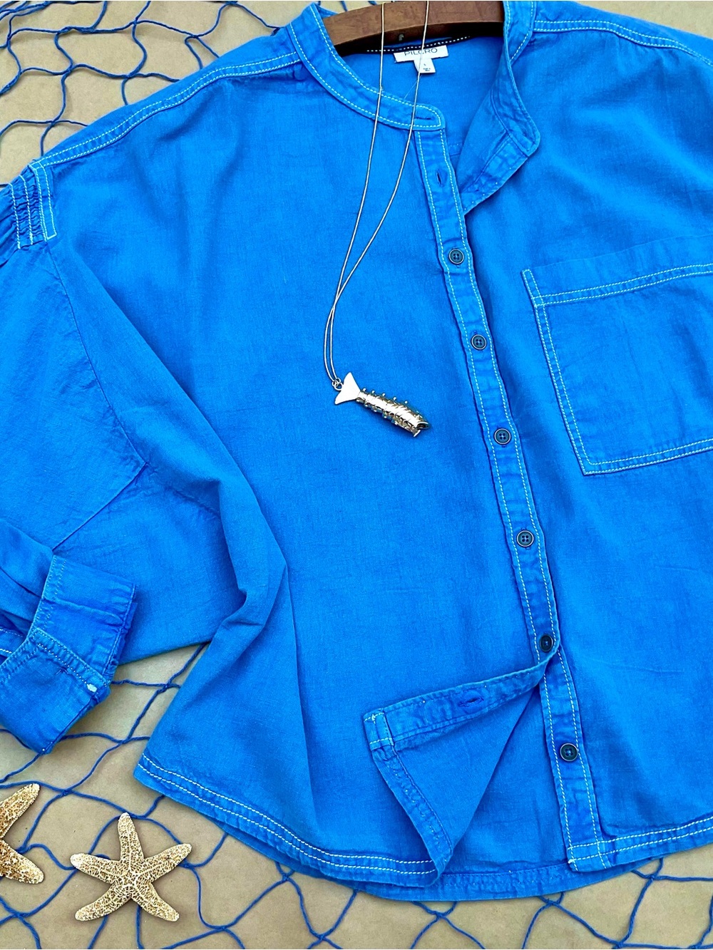 Anthro ❉ Pilcro Cotton Linen Batwing Oversized Buttondown Blouse Blue Size L XL